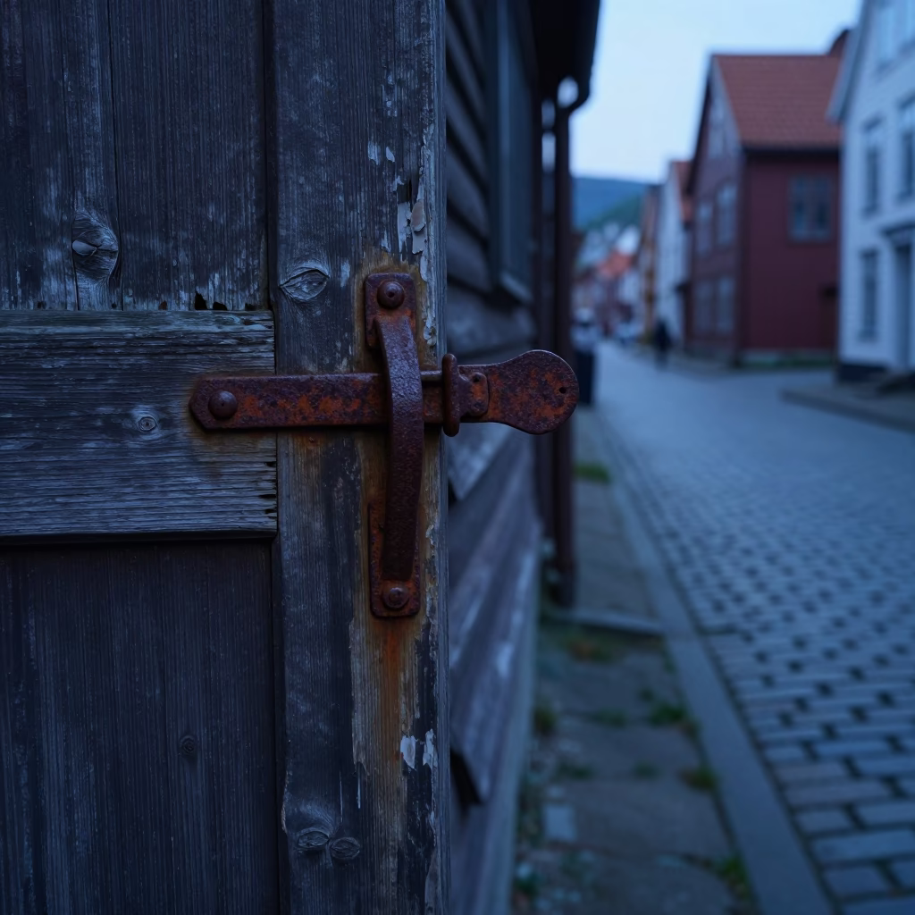 Early Morning Bergen Street Scene with Rusty Cabinet Latch and Tabby Cat in in Bergen, Norway