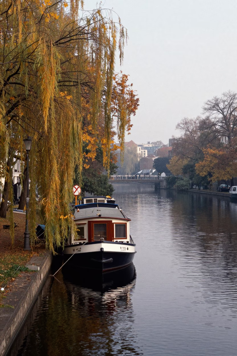 Early Morning Berlin Canal Scene with Houseboat and Autumn Willows in in Berlin, Germany