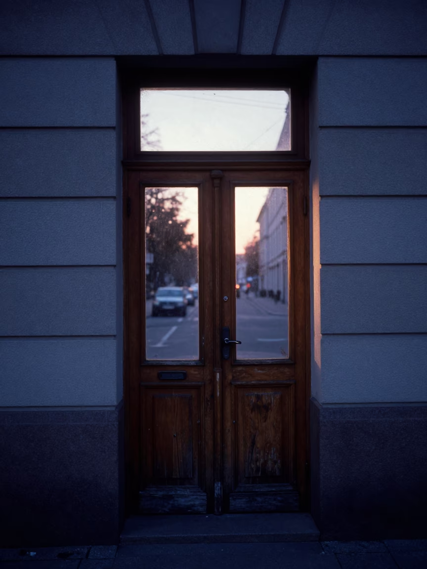 Early Morning Berlin Street Scene Before Sunrise with Door Latch and Steel Details in in Berlin, Germany
