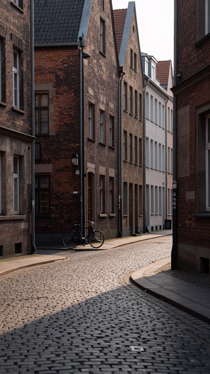 Early Morning Berlin Street Scene with Bicycle and Cobblestone Alleyway in in Berlin, Germany