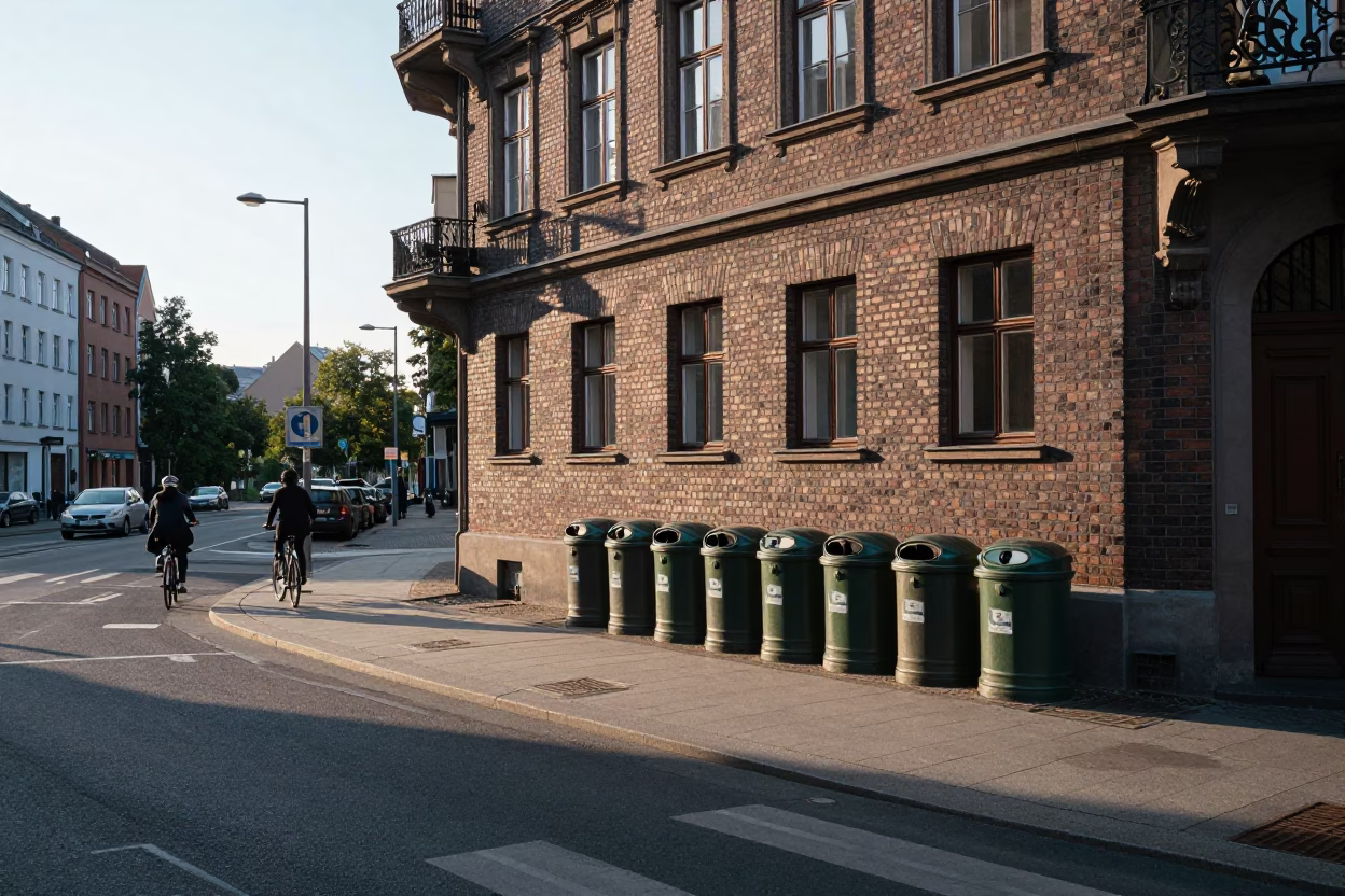 Early Morning Berlin Street Scene with Cyclists and Urban Canisters at Dawn in in Berlin, Germany