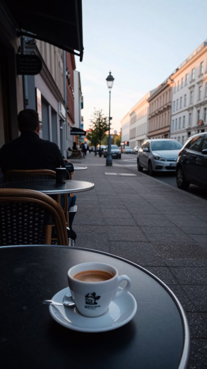 Early Morning Berlin Street Scene with Espresso Cup and Magnolia Bloom in in Berlin, Germany
