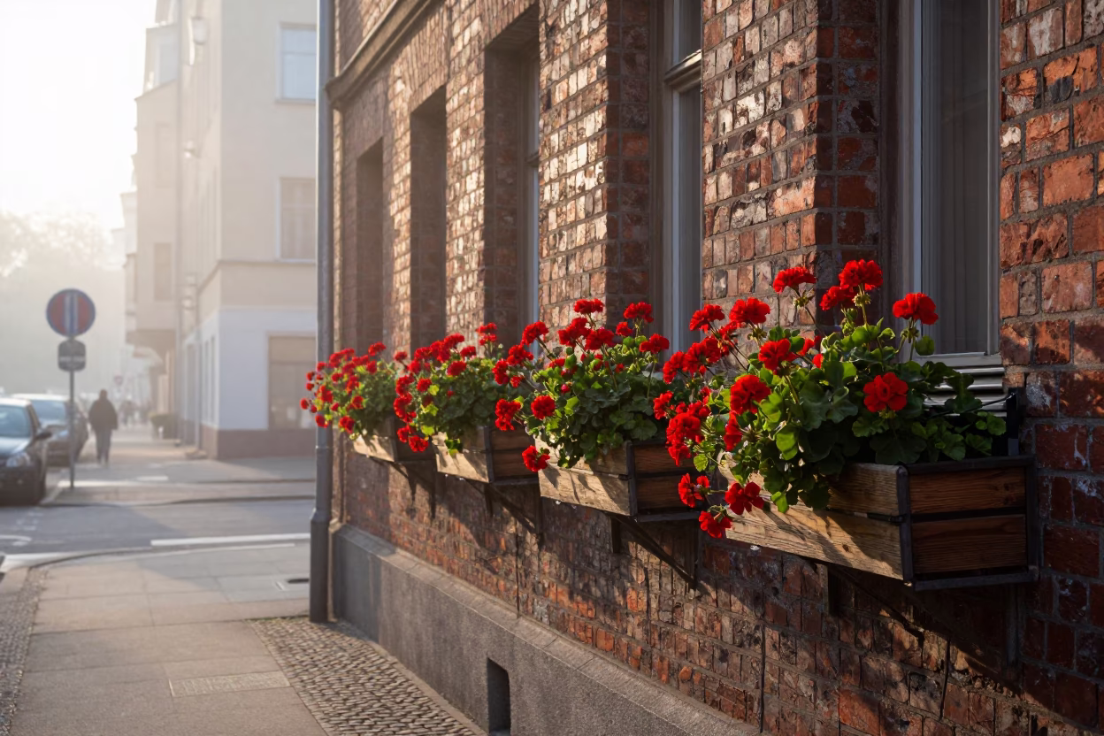 Early Morning Berlin Street Scene with Flower Boxes and Vintage Details in in Berlin, Germany