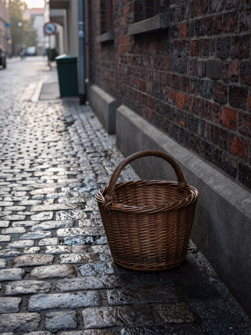Early Morning Berlin Street Scene with Forgotten Basket and Cobblestone Path in in Berlin, Germany