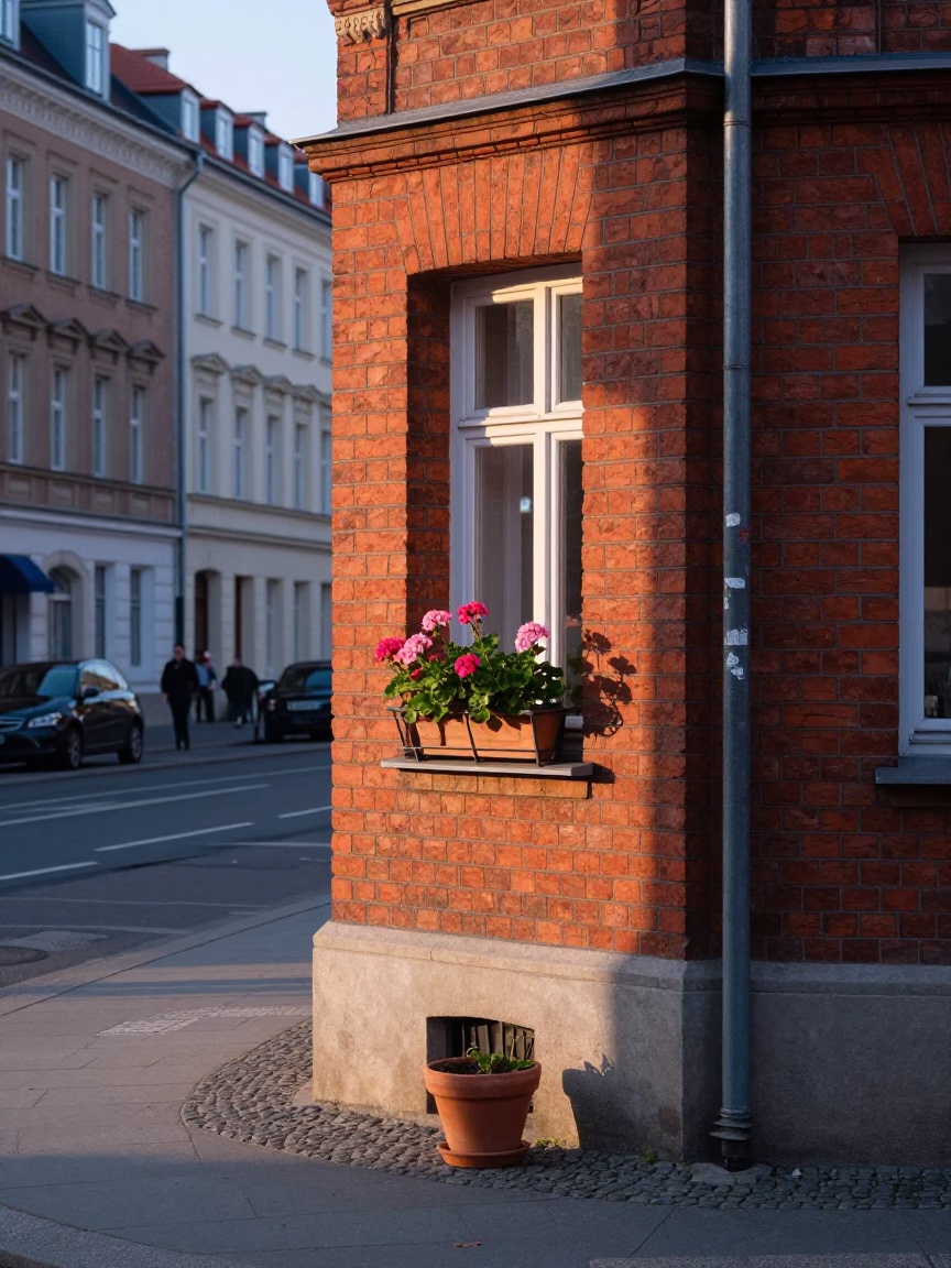Early Morning Berlin Street Scene with Latch and Flowerpot in Germany in in Berlin, Germany