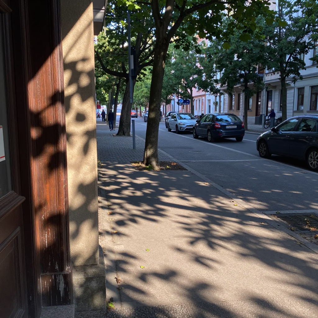 Early Morning Berlin Street Scene with Leaf Shadows and Local Details in in Berlin, Germany