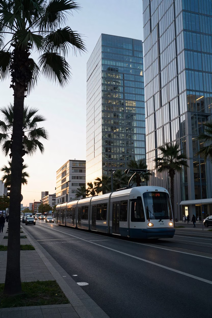 Early Morning Berlin Street Scene with Monorail and Glass Towers in in Berlin, Germany