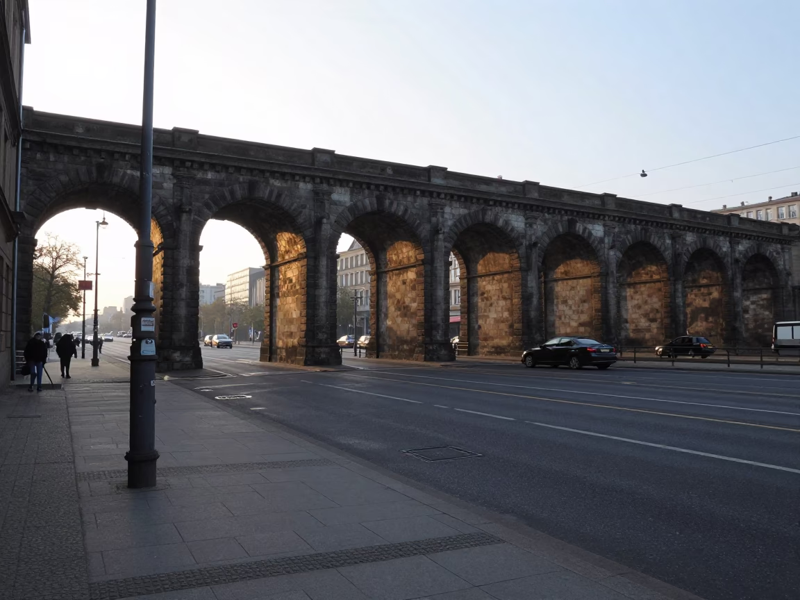 Early Morning Berlin Street Scene with Railway Viaduct and Coffee Shop in in Berlin, Germany