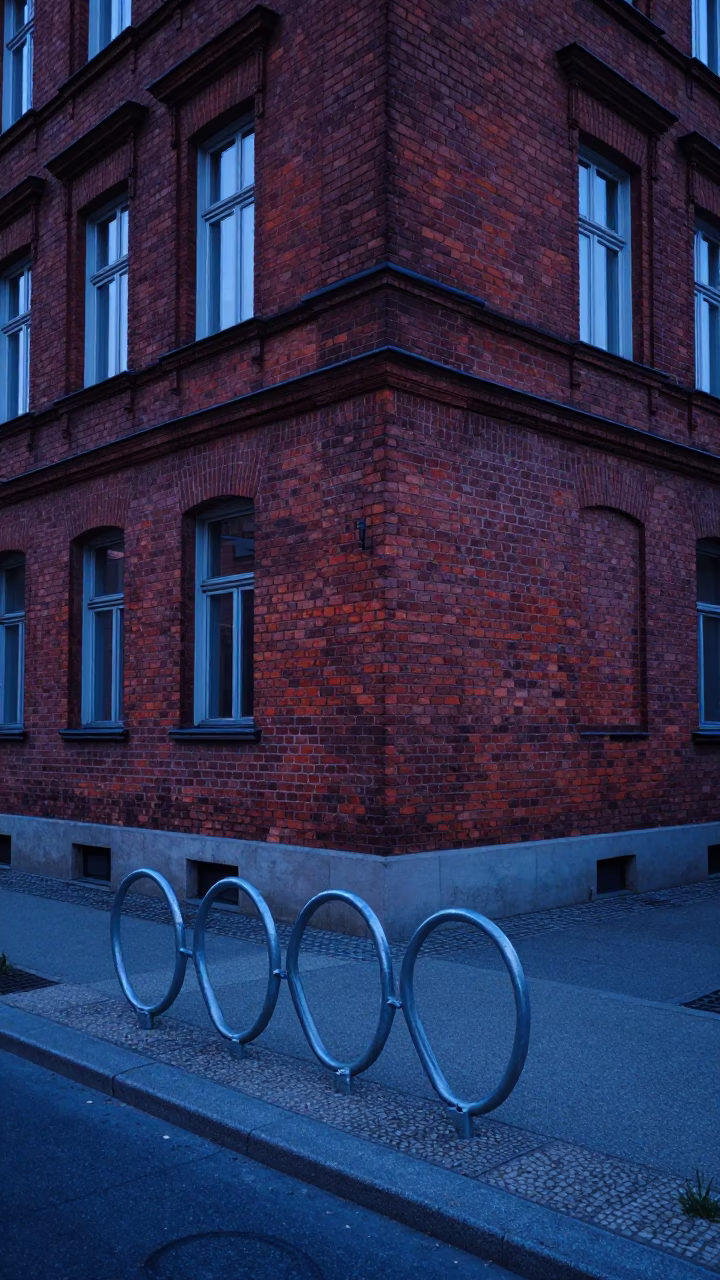 Early Morning Berlin Street Scene With Red Brick Building And Bicycle Rack Before Dawn in in Berlin, Germany