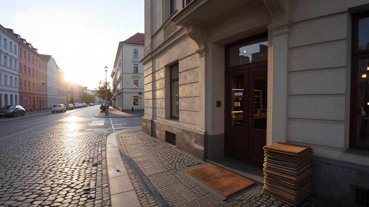 Early Morning Berlin Street Scene with Sunlight and Cobblestones in in Berlin, Germany