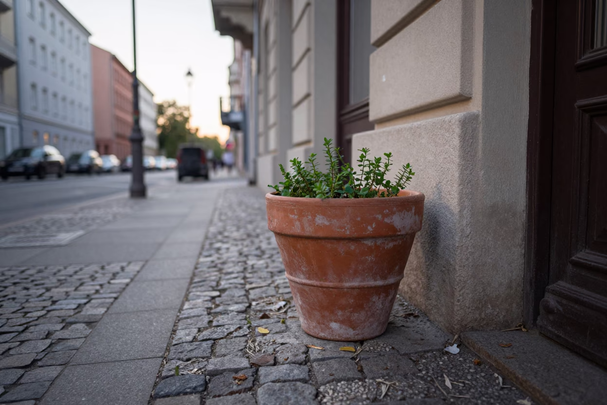 Early Morning Berlin Street Scene with Terracotta Pot and Vintage 1950s Aesthetic in in Berlin, Germany