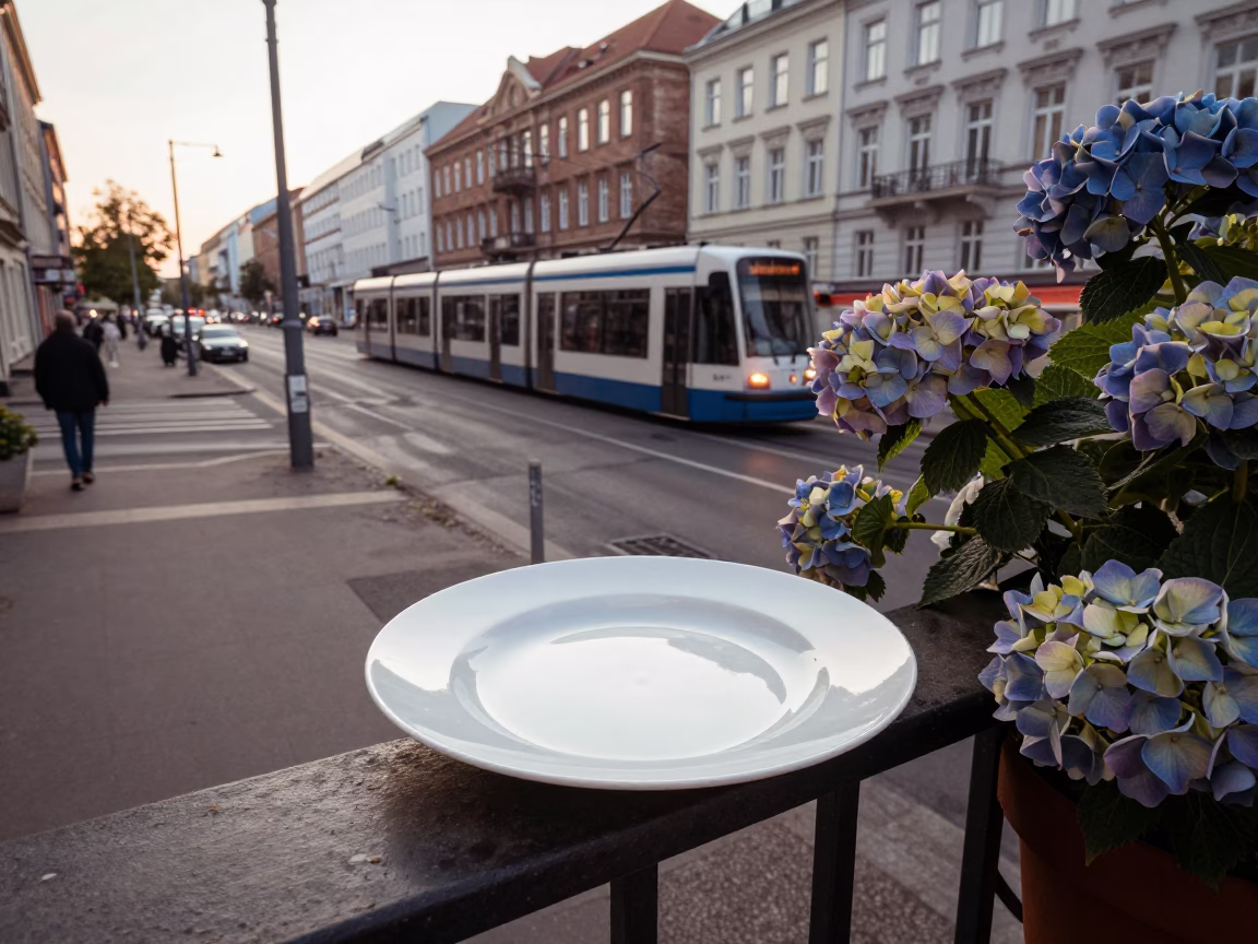 Early Morning Berlin Street Scene with Tram and Hydrangea Bush in in Berlin, Germany