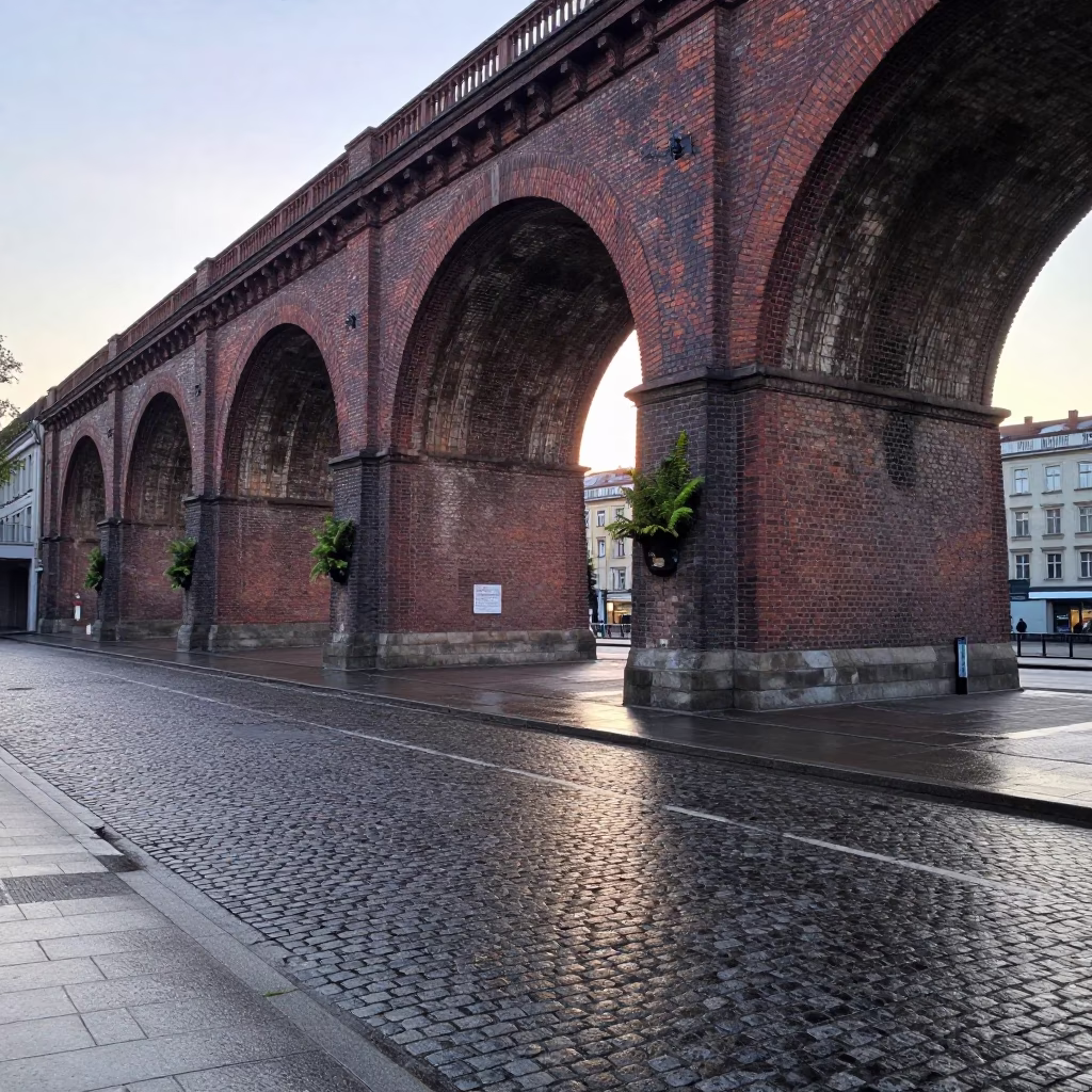 Early Morning Berlin Street Scene with Viaduct Arch and Dripping Ferny Stone Undercroft in in Berlin, Germany