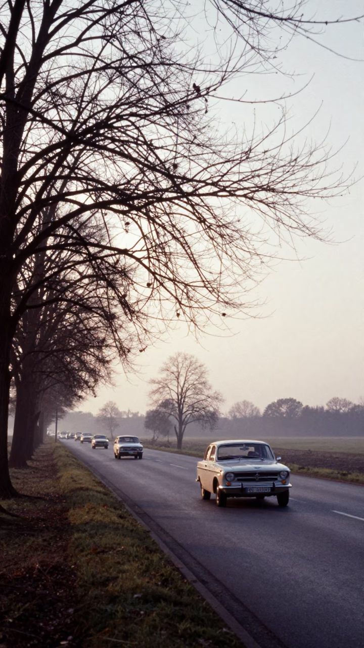 Early Morning Berlin Street Scene with Vintage Car Rally and Passion Flower in in Berlin, Germany