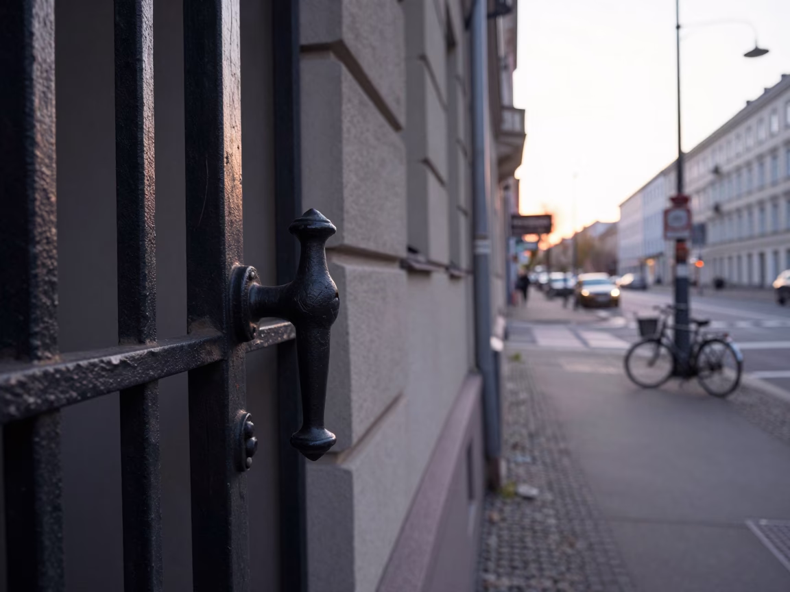 Early Morning Berlin Street Scene with Vintage Gate Handle and Urban Architecture in in Berlin, Germany