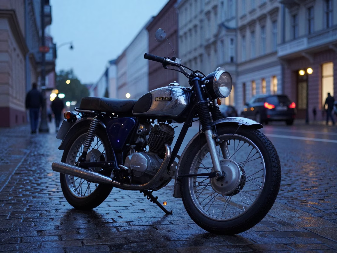 Early Morning Berlin Street Scene with Vintage Motorcycle and Street Vendor Cart in in Berlin, Germany