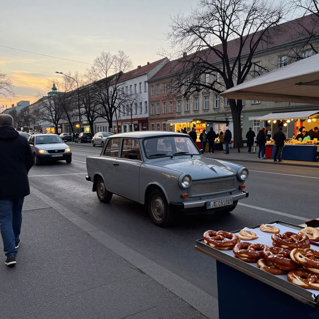 Early Morning Berlin Street Scene with Vintage Trabant and Local Market Vendor in in Berlin, Germany