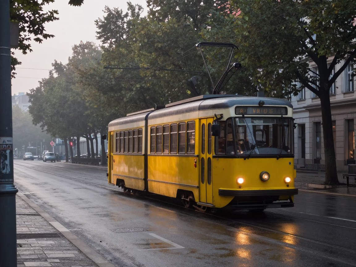 Early Morning Berlin Street Scene with Vintage Trolley and Tree Lined Avenue in in Berlin, Germany
