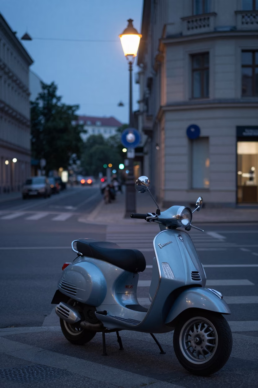 Early Morning Berlin Street Scene with Vintage Vespa on Cobblestone Lane Before Dawn in in Berlin, Germany
