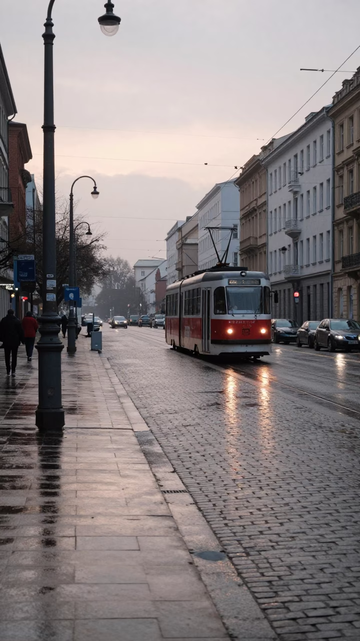 Early Morning Berlin Street Scene with Wet Pavement and Urban Architecture in in Berlin, Germany