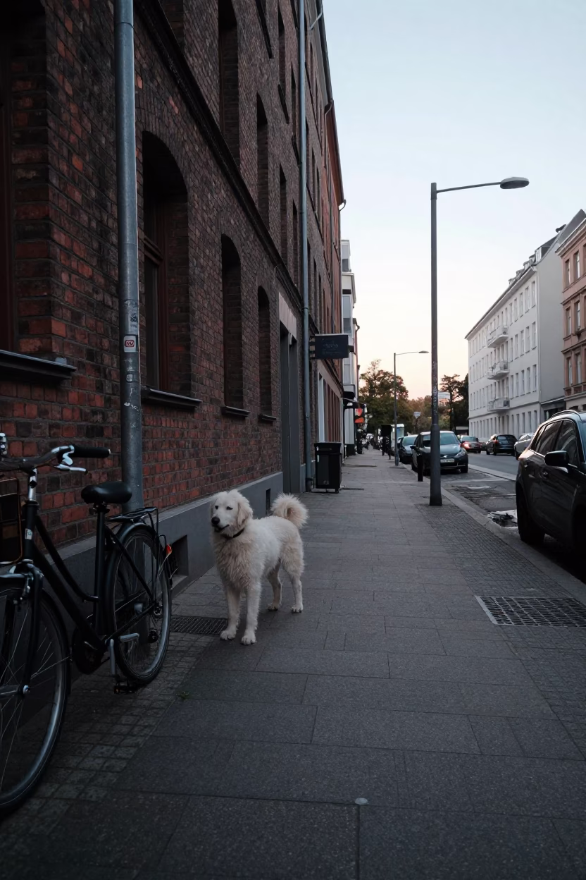 Early Morning Berlin Street Scene with White Dog and Urban Architecture in in Berlin, Germany