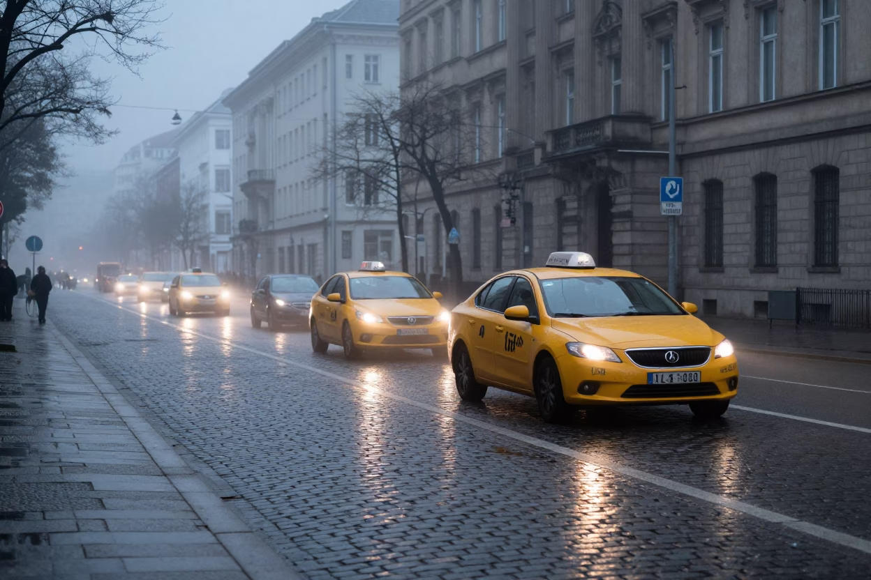 Early Morning Berlin Street Scene with Yellow Taxi and Urban Elements in in Berlin, Germany