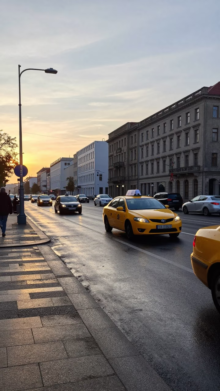 Early Morning Berlin Street Scene with Yellow Taxi and Urban Life in in Berlin, Germany