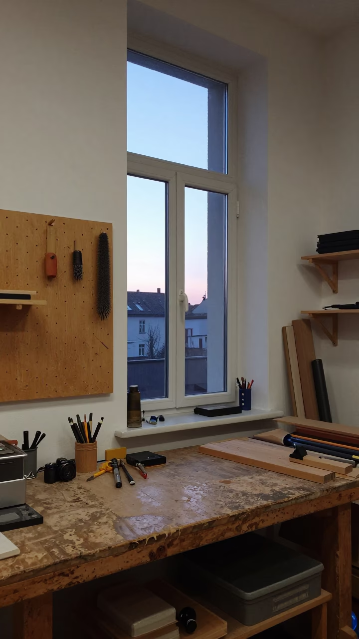 Early Morning Berlin Workshop Interior with Pegboard and Rasp Tools Before Dawn in in Berlin, Germany
