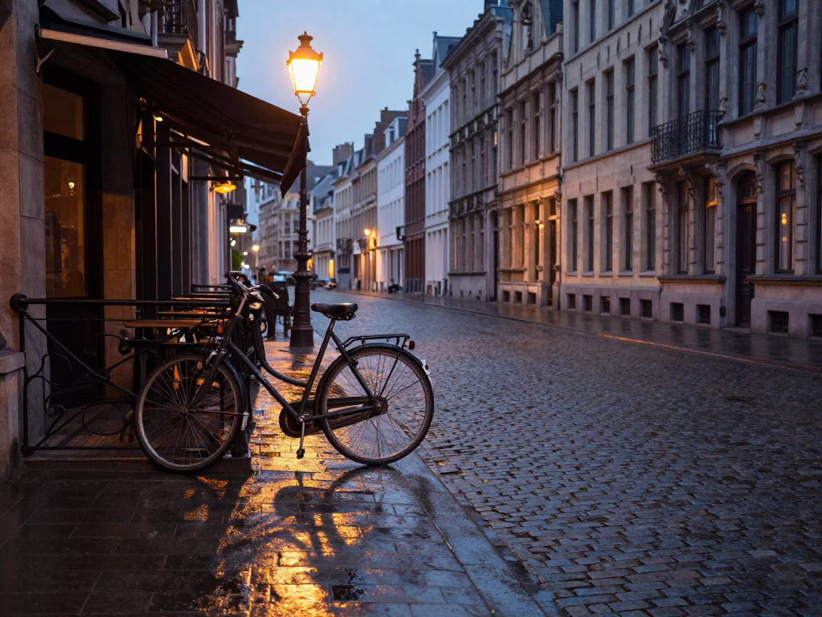 Early Morning Bicycle and Cobblestone Street Scene in Brussels Belgium Before Dawn in in Brussels, Belgium