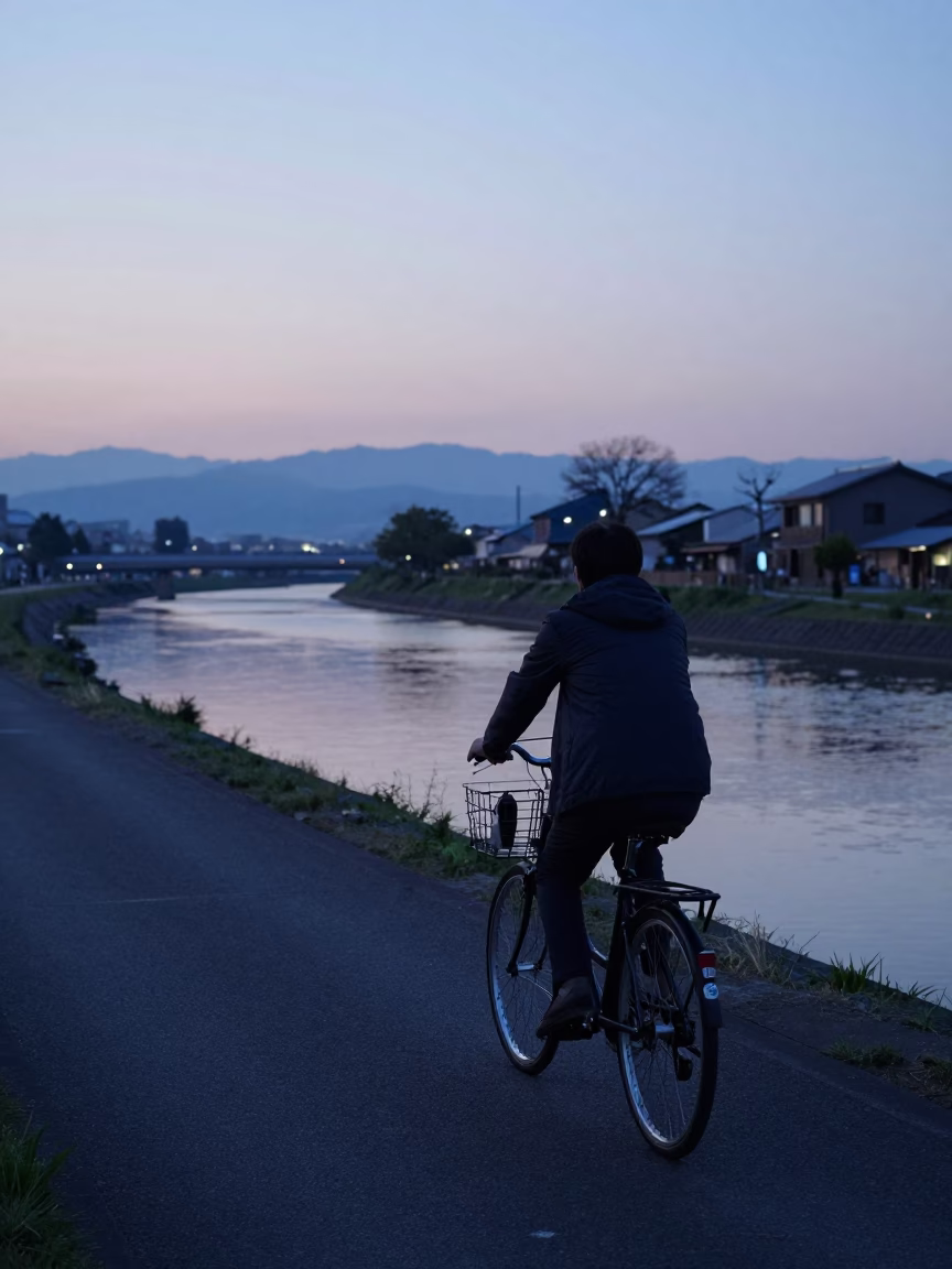 Early Morning Bicycle Commute Along Canal in Fukuoka Japan Before Sunrise in in Fukuoka, Japan