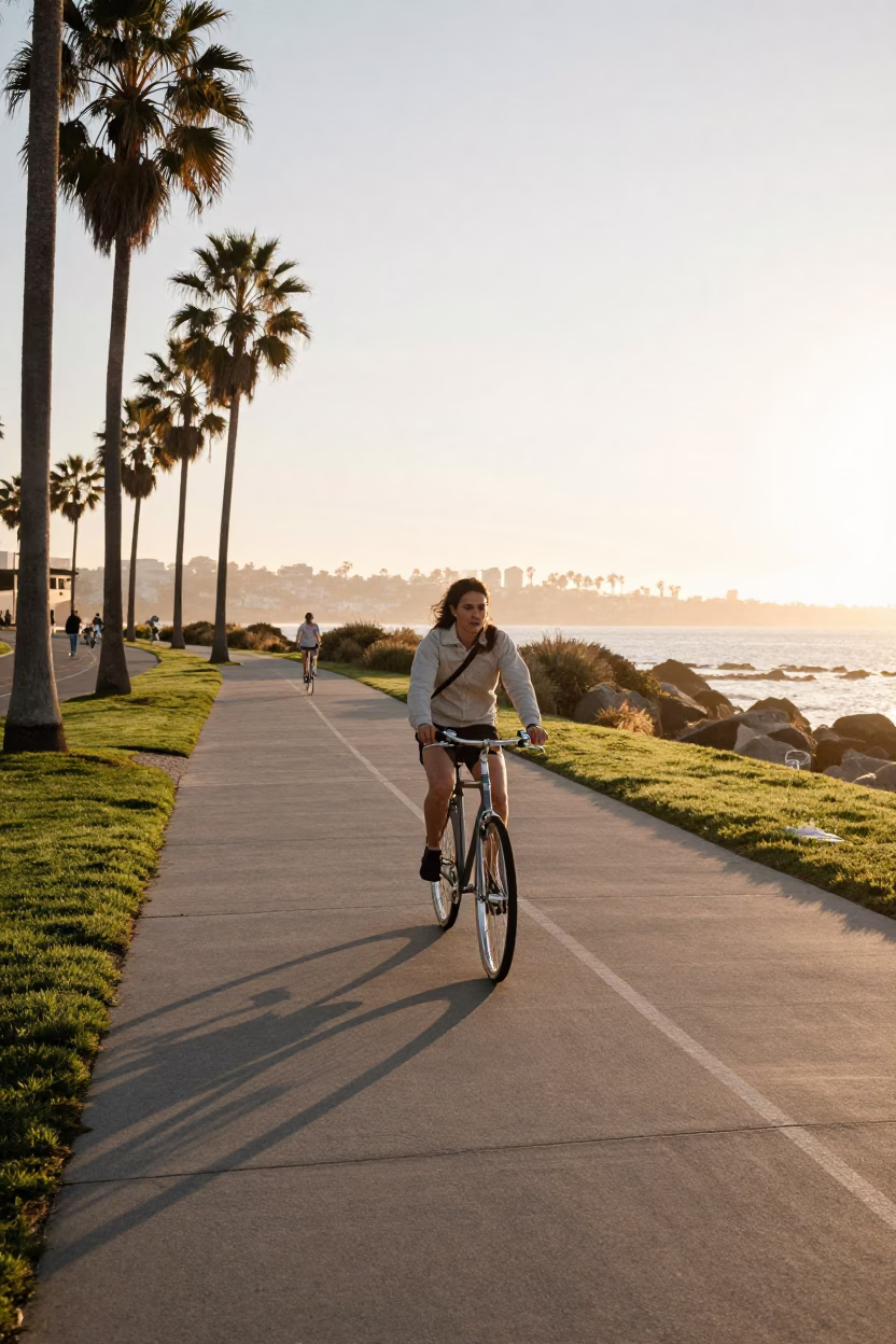 Early Morning Bicycle Commute Along San Diego Bayshore Path with Bridge Pier Reflection in in San Diego, California, United States