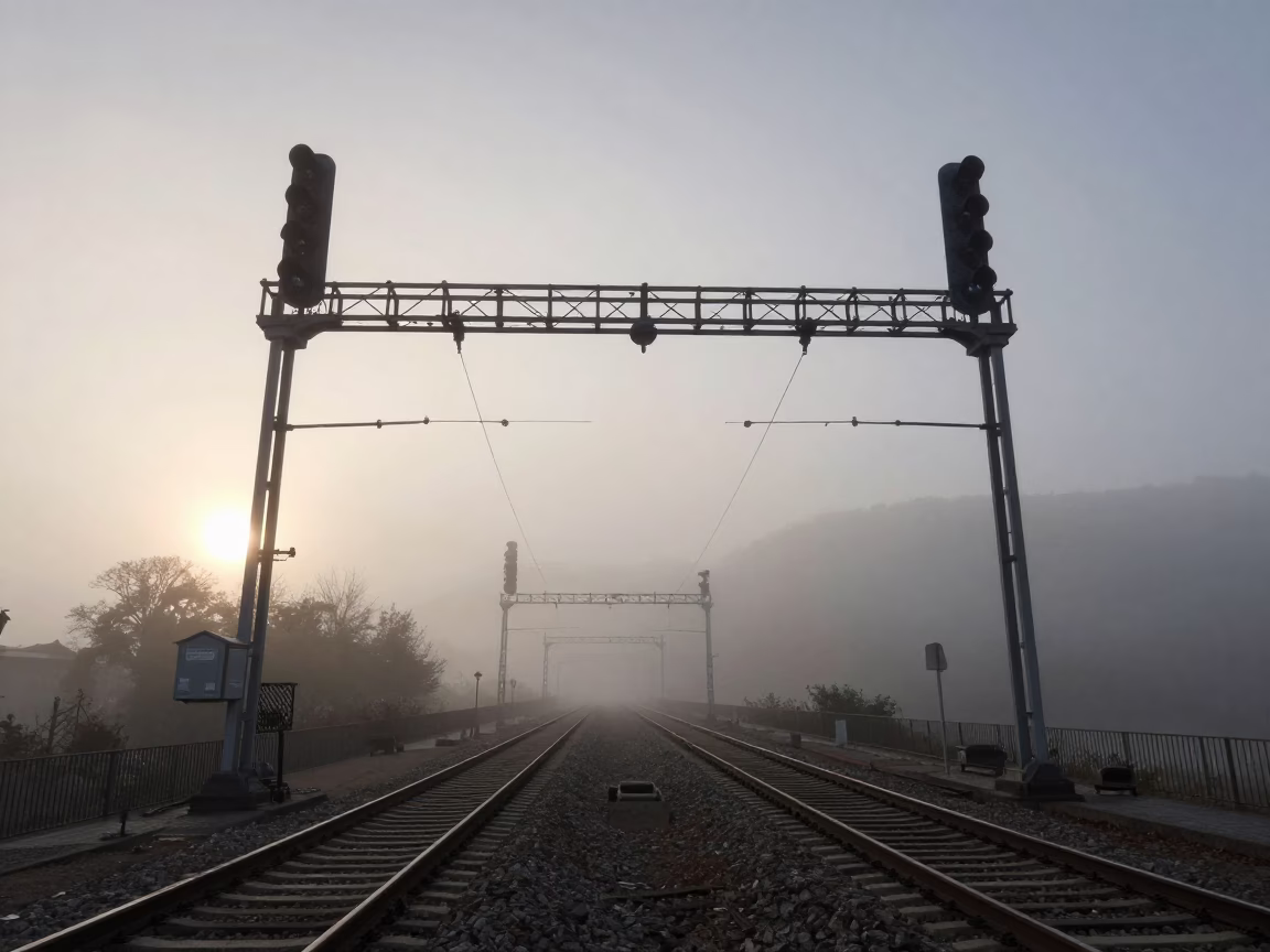 Early Morning Bilbao Railway Signal Gantry in Mist Before Dawn in in Bilbao, Spain