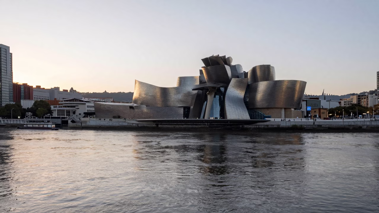 Early Morning Bilbao Spain River Estuary and Guggenheim Museum Horizon Shot in in Bilbao, Spain