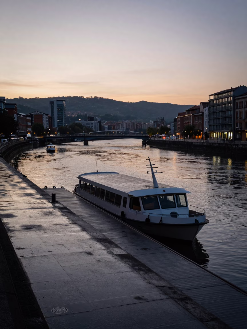 Early Morning Bilbao Spain River Nervion Water Taxi Dock Pre-Dawn Light in in Bilbao, Spain