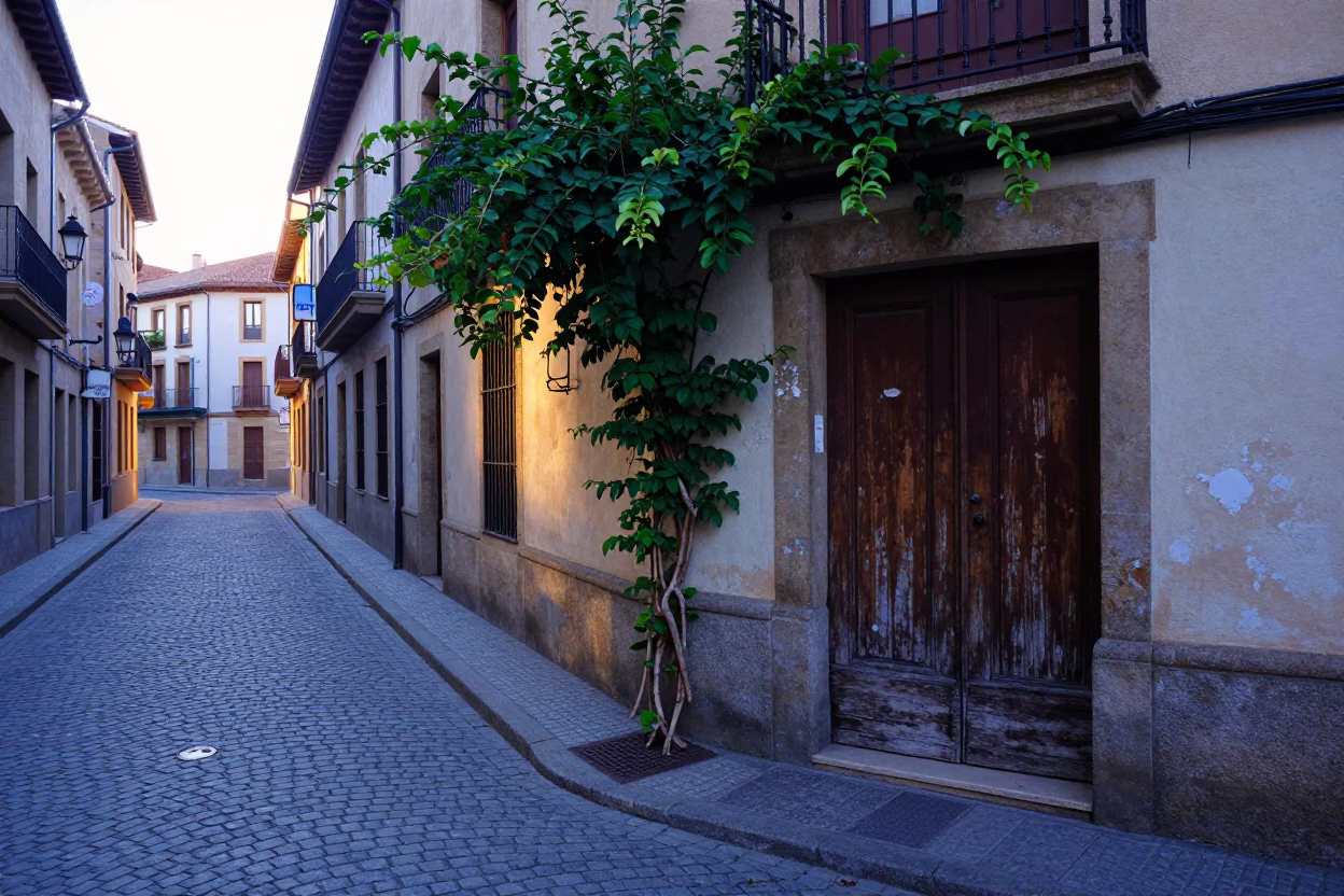 Early Morning Bilbao Spain Street Scene with Vine and Door Mats in in Bilbao, Spain