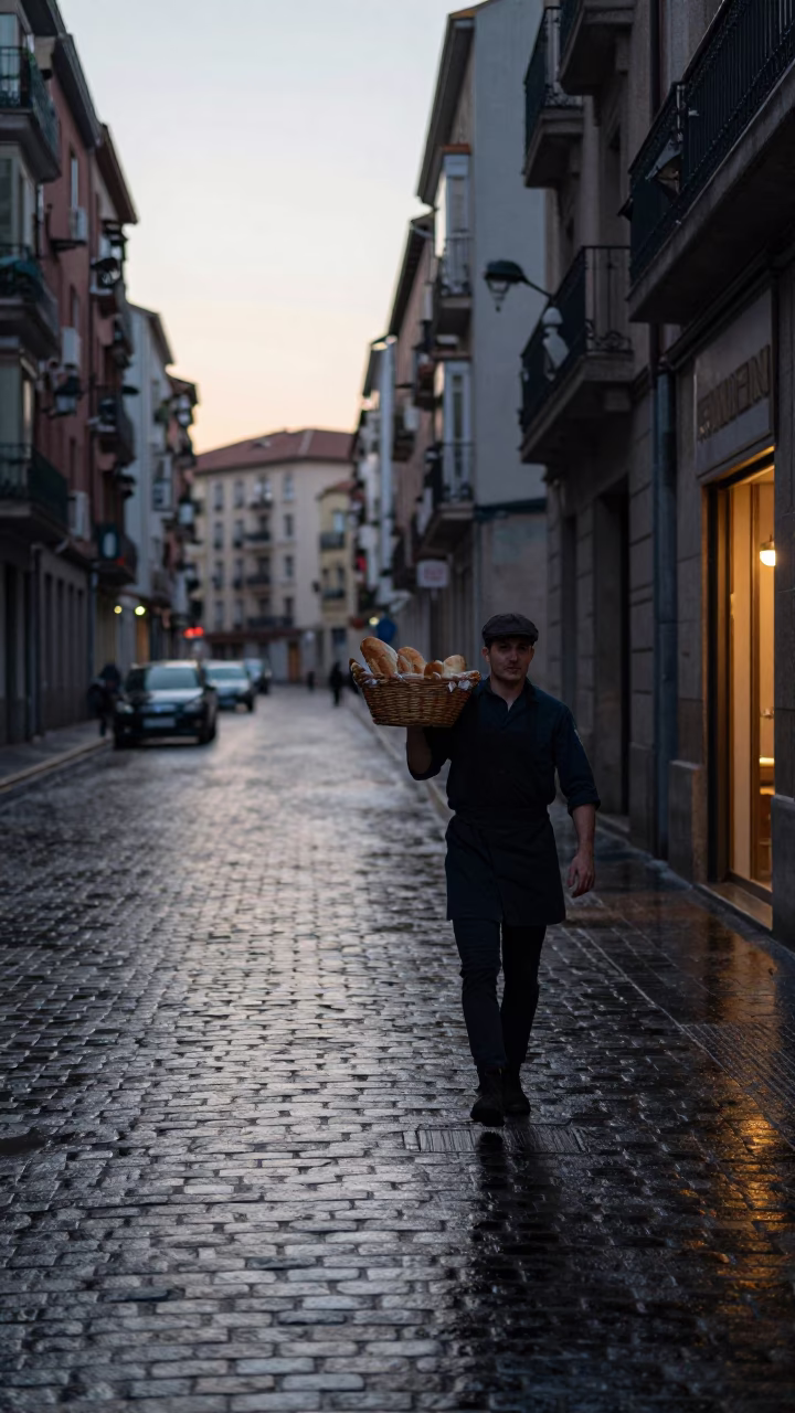 Early Morning Bilbao Spain Street Scene with Wet Cobblestones and Local Life in in Bilbao, Spain