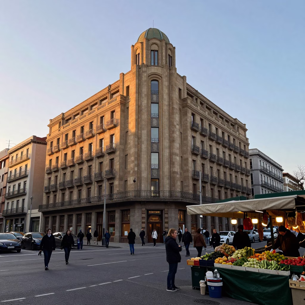 Early Morning Bilbao Street Scene with Art Deco Hotel Facade and Local Morning Activity in in Bilbao, Spain