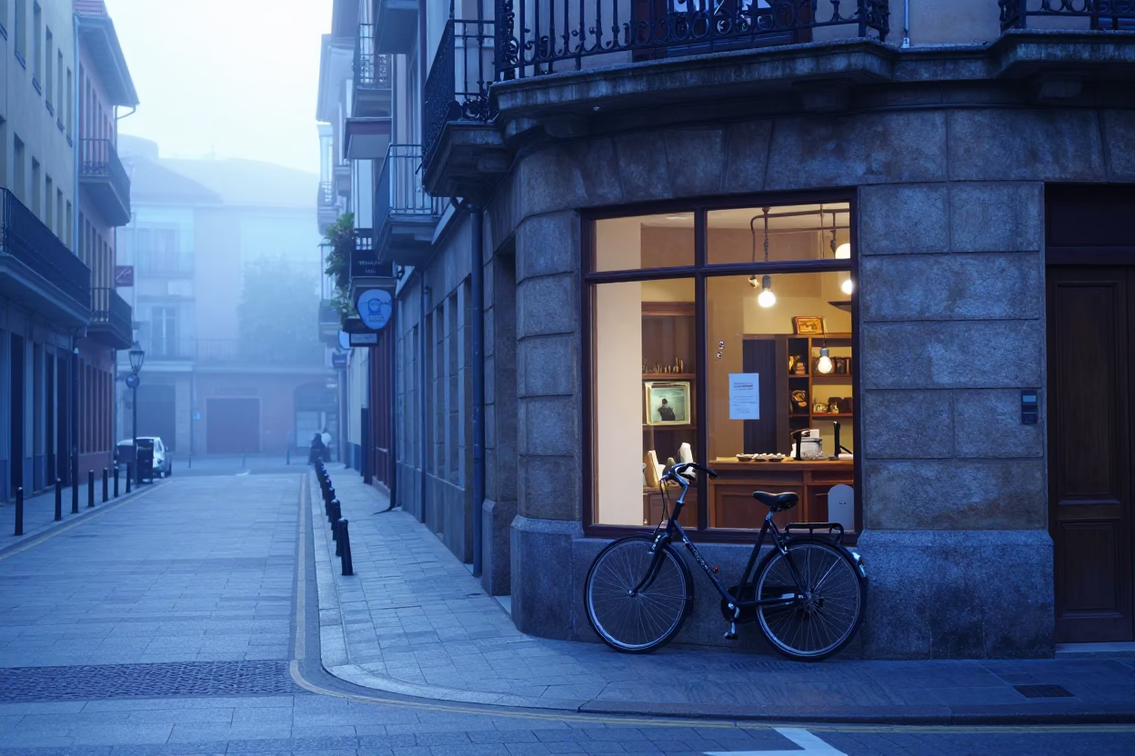 Early Morning Bilbao Street Scene with Bicycle and Bakery Before Sunrise in in Bilbao, Spain