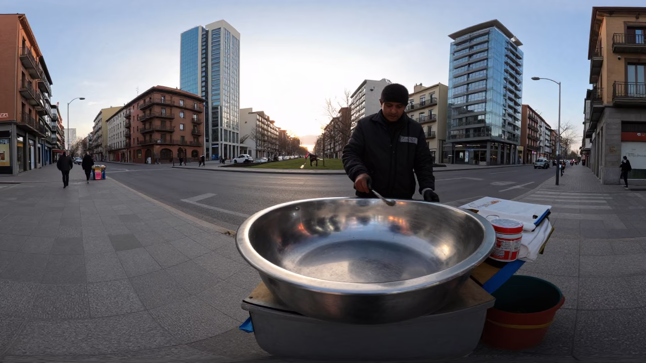 Early Morning Bilbao Street Scene with Brushed Steel Basin and Urban Morning Light in in Bilbao, Spain