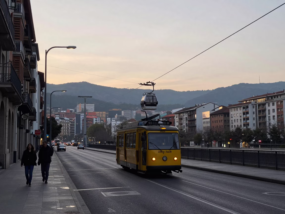 Early Morning Bilbao Street Scene with Cable Car and River View in in Bilbao, Spain