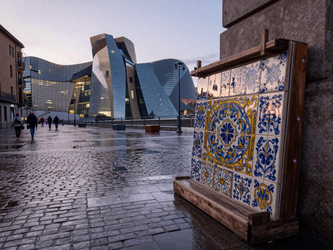Early Morning Bilbao Street Scene with Ceramic Tiles and Ladder-Back Chair in in Bilbao, Spain
