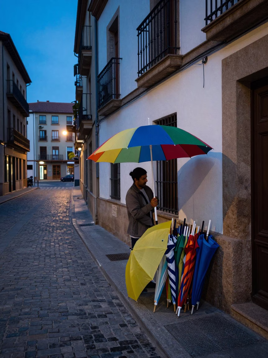 Early Morning Bilbao Street Scene with Colorful Umbrellas and Cobblestones Before Dawn in in Bilbao, Spain