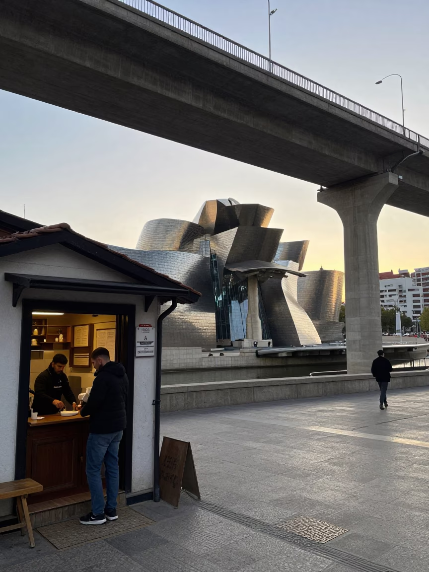 Early Morning Bilbao Street Scene with Concrete Viaduct and Local Bakery Interaction in in Bilbao, Spain
