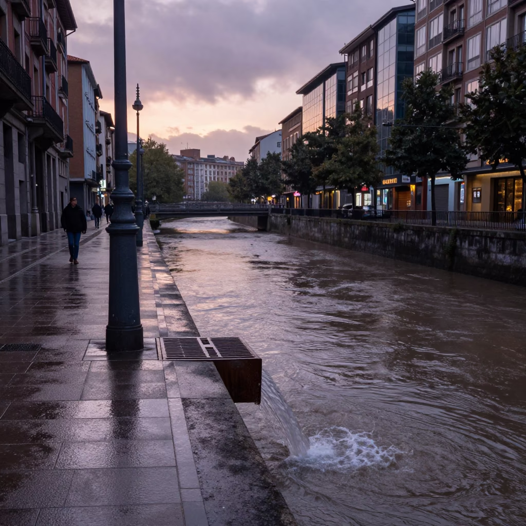 Early Morning Bilbao Street Scene with Condensation and Storm Drain in in Bilbao, Spain
