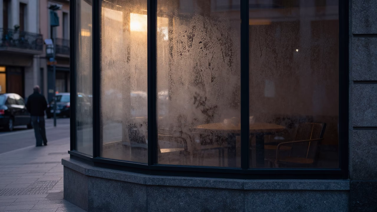 Early morning Bilbao street scene with condensation on glass and distant mountains in in Bilbao, Spain