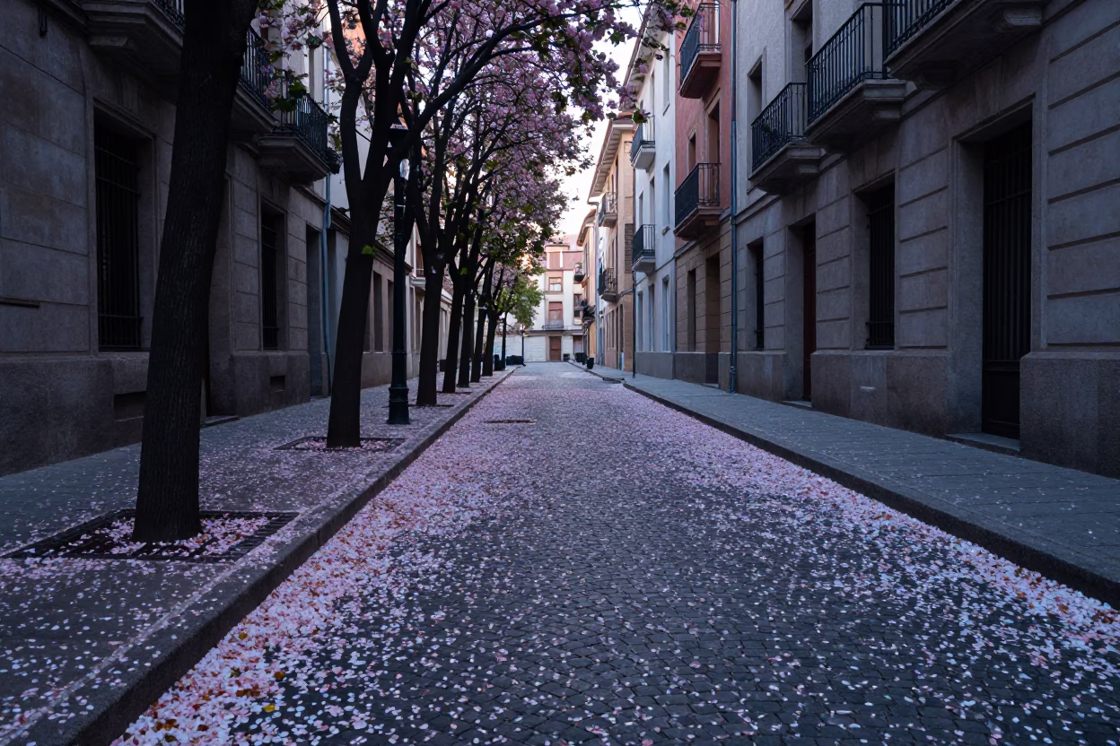 Early Morning Bilbao Street Scene with Fallen Petals and Vintage Atmosphere in in Bilbao, Spain
