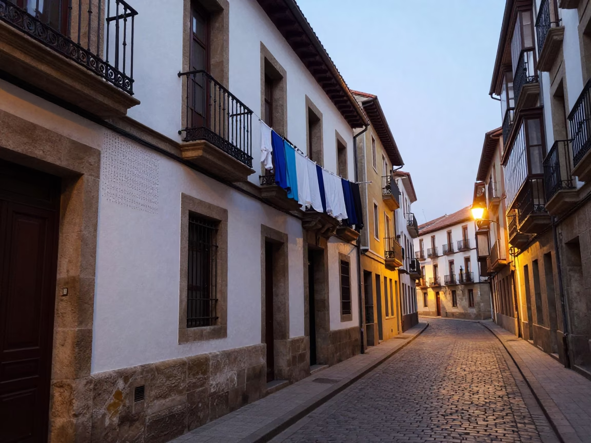 Early Morning Bilbao Street Scene with Hanging Laundry and Cobblestone Architecture in in Bilbao, Spain