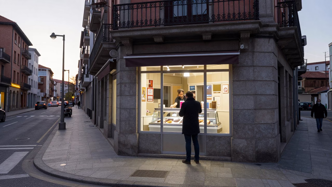 Early Morning Bilbao Street Scene with Ice Cream Shop Display and Razor Strop in in Bilbao, Spain
