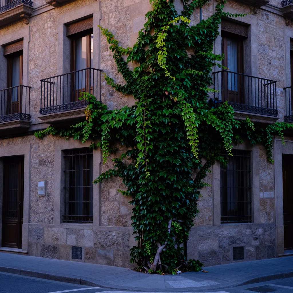 Early Morning Bilbao Street Scene with Ivy Vines and Rattan Chair in in Bilbao, Spain