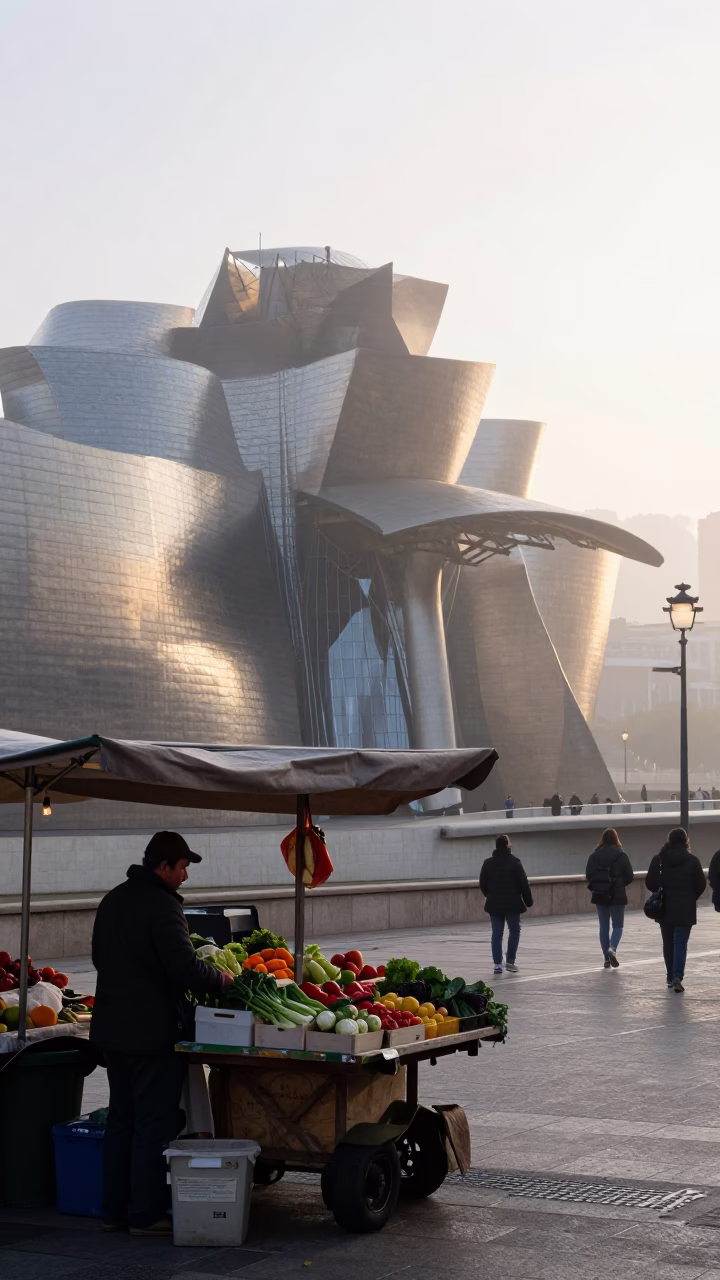 Early Morning Bilbao Street Scene with Local Market Details and Urban Architecture in in Bilbao, Spain